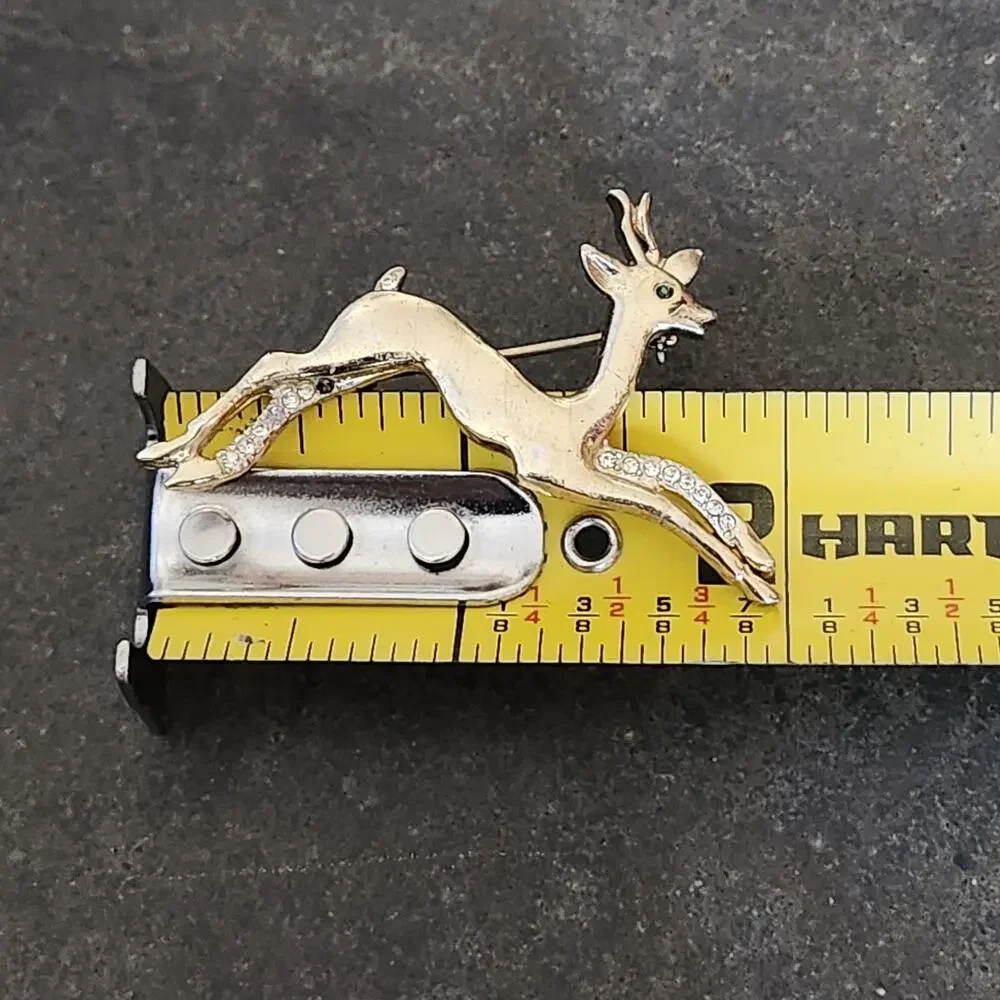 Vtg Gold Tone Brooch Pin Reindeer Ibex Gazelle Antelope Rhinestone Signed Cor.